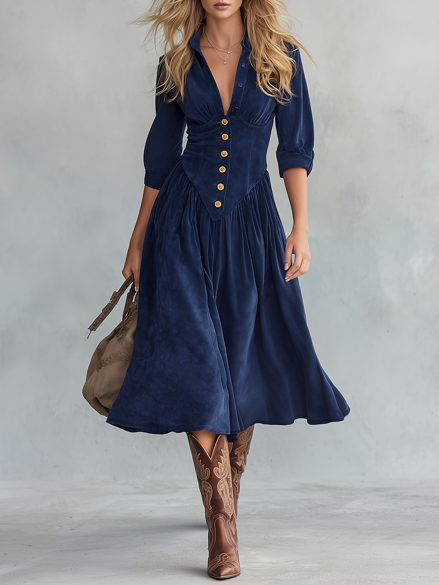 Retro-casual Elegant Western-style Blue Faux-suede Dress