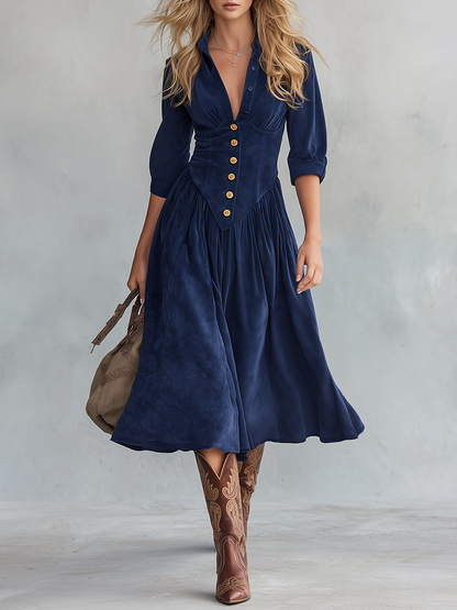 Retro-casual Elegant Western-style Blue Faux-suede Dress