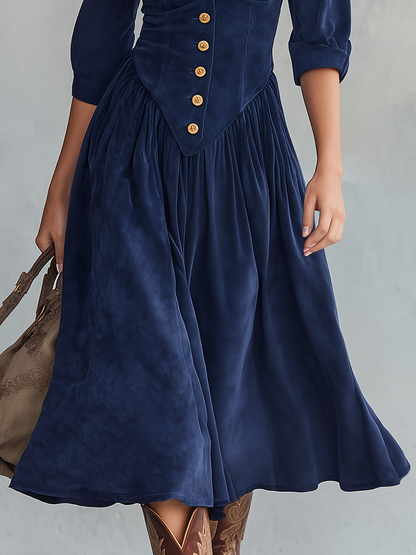 Retro-casual Elegant Western-style Blue Faux-suede Dress
