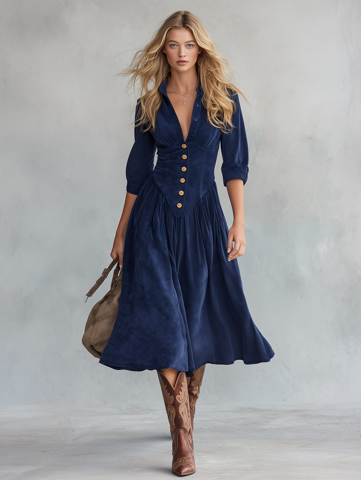 Retro-casual Elegant Western-style Blue Faux-suede Dress