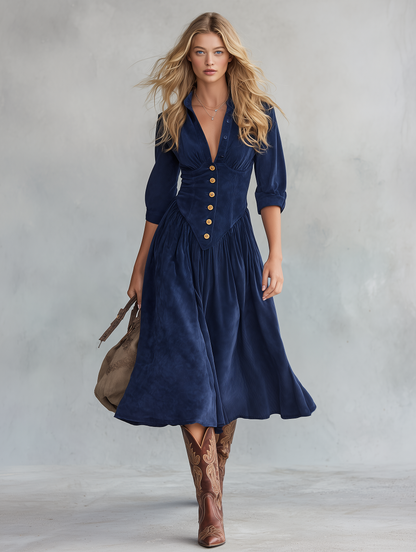 Retro-casual Elegant Western-style Blue Faux-suede Dress