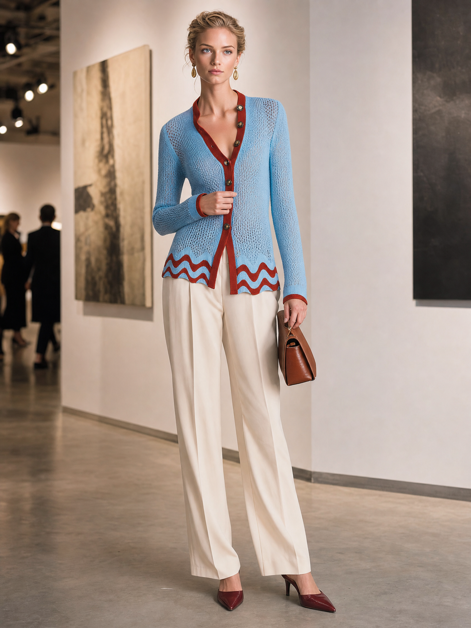 Retro Blue Rust Color-Block V-Neck Pointelle Knit Button Cardigan
