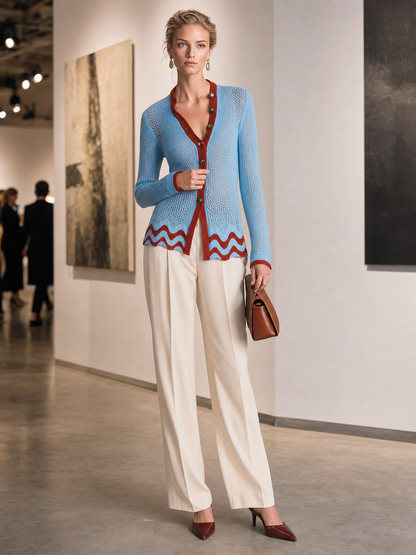 Retro Blue Rust Color-Block V-Neck Pointelle Knit Button Cardigan