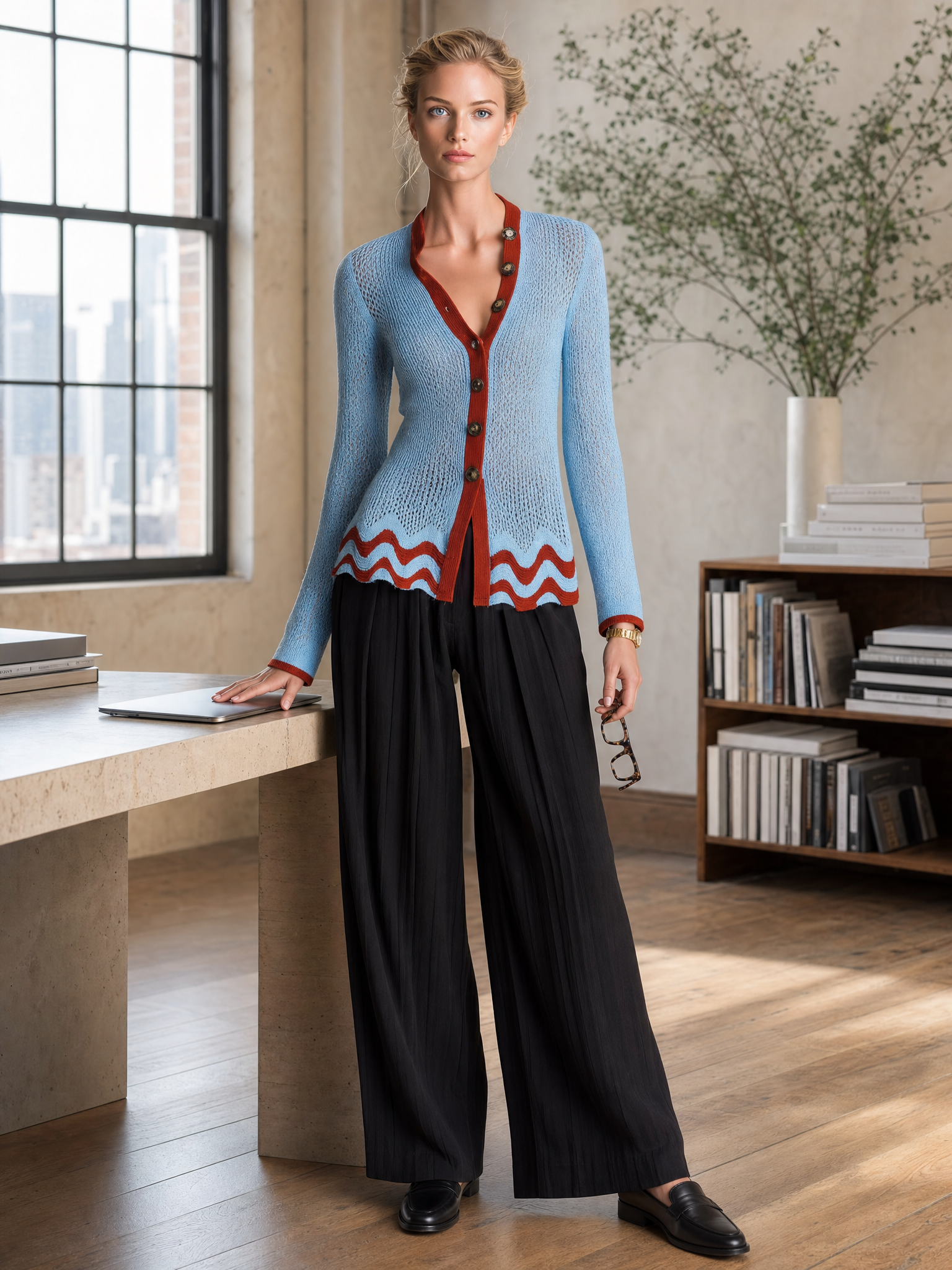Retro Blue Rust Color-Block V-Neck Pointelle Knit Button Cardigan