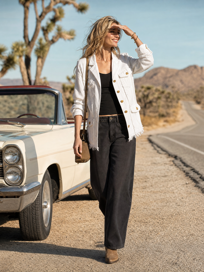 Western White Denim Gold-Button Frayed-Hem Utility Pocket Oversized Jacket