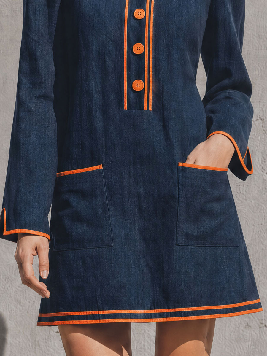 Casual Retro Color-blocked Trimmed Blue Round Neck Cotton Linen Mini Dress