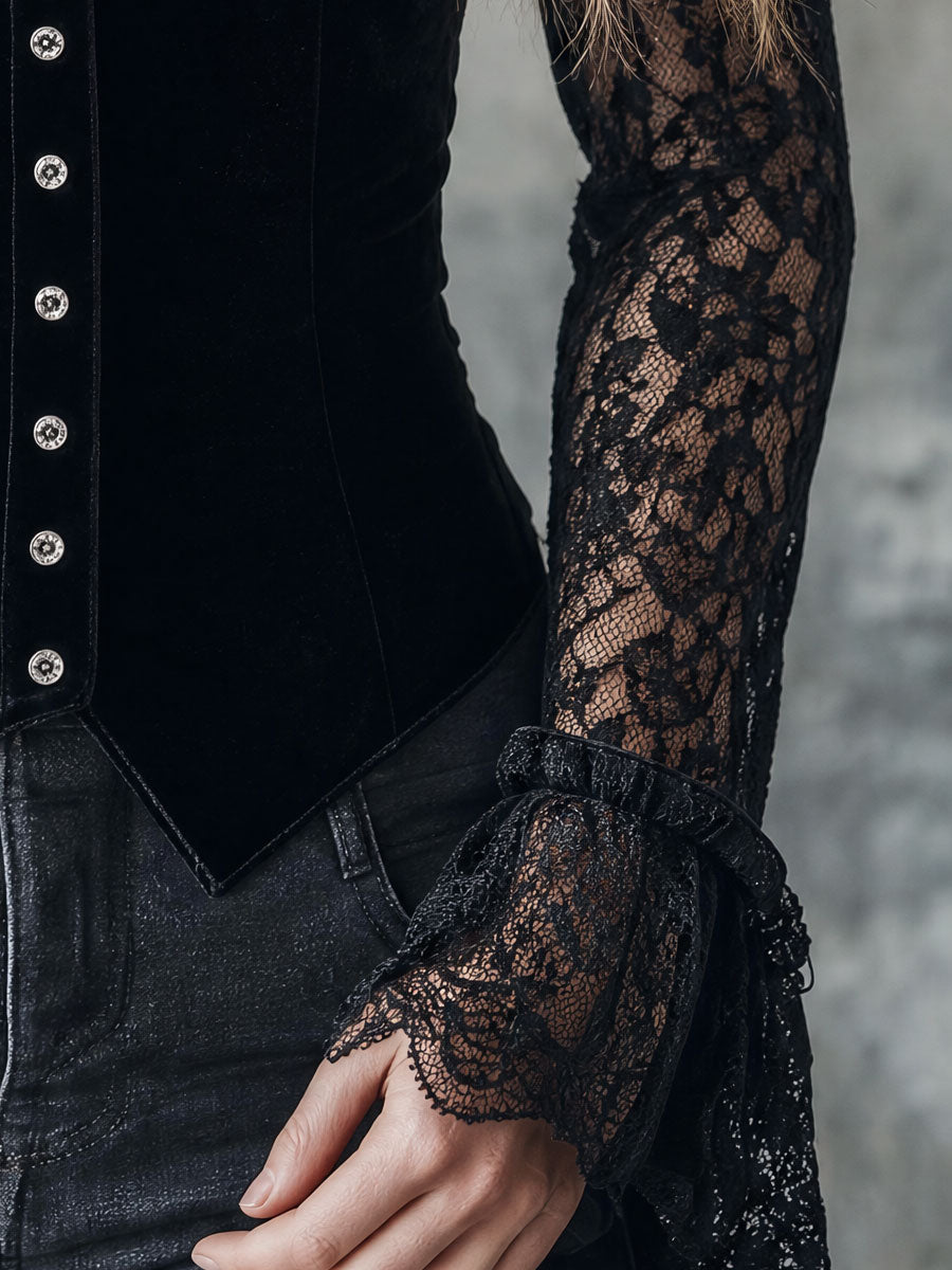 Retro Elegant Black V-neck Velvet Lace Long-sleeved Shirt