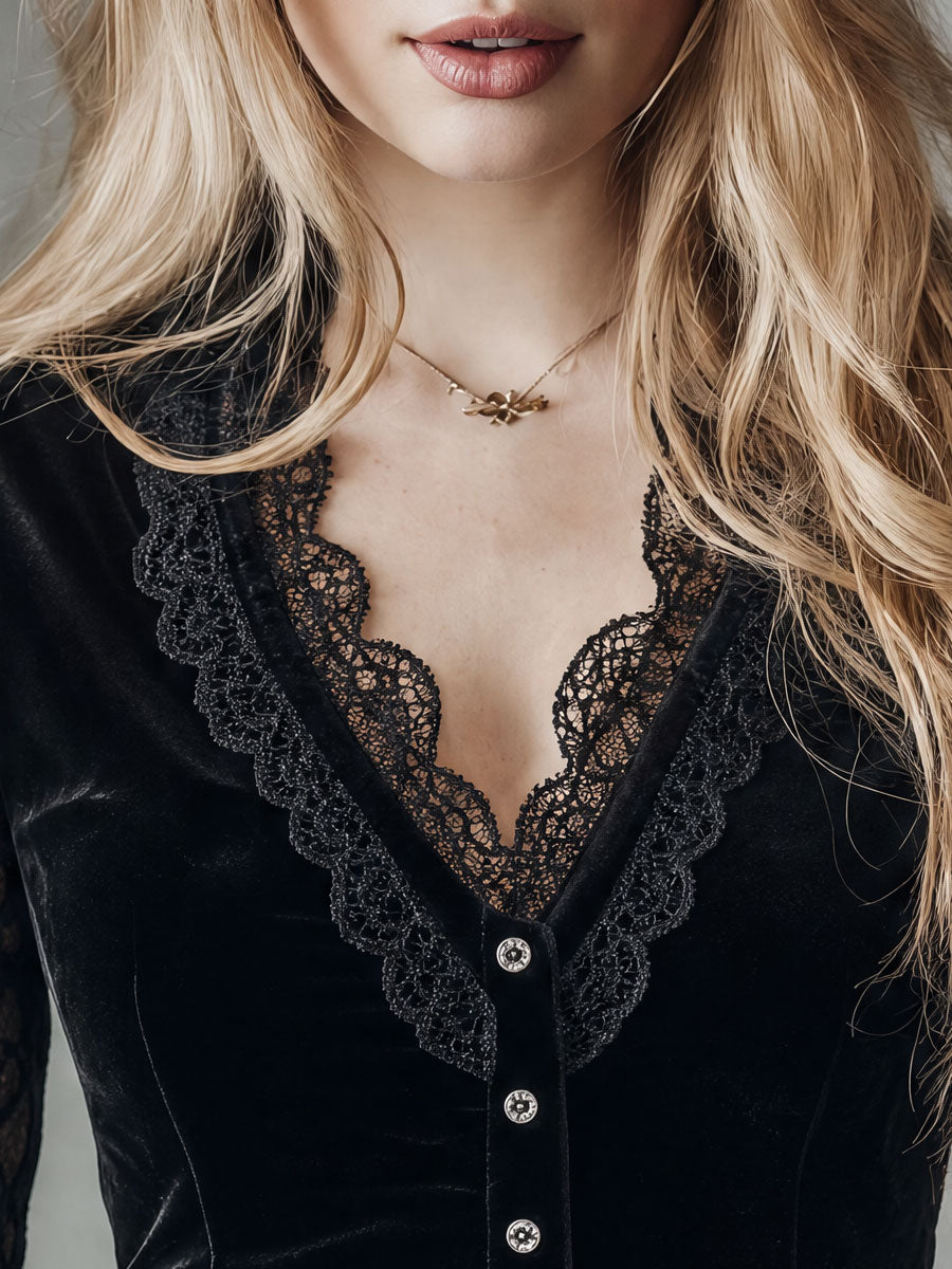 Retro Elegant Black V-neck Velvet Lace Long-sleeved Shirt