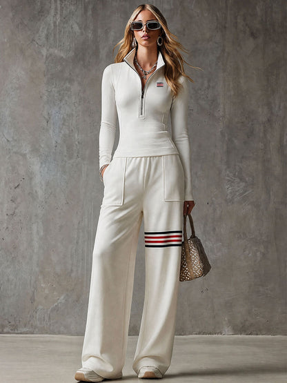 Sporty Retro Embroidered Striped White Cotton Long-Sleeved Top And Pants Set