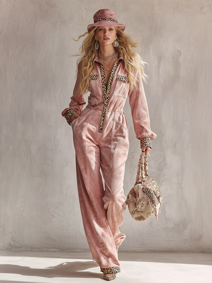 Retro-chic Leopard Print Trim Pink Faux Suede Long-sleeve Wide-leg Jumpsuit