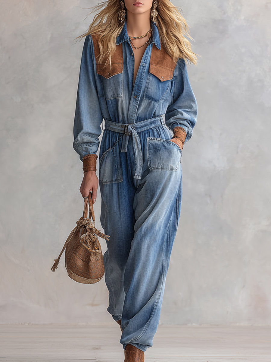 Vintage-style Western Faux-suede Patchwork Blue-wash Denim Jumpsuit