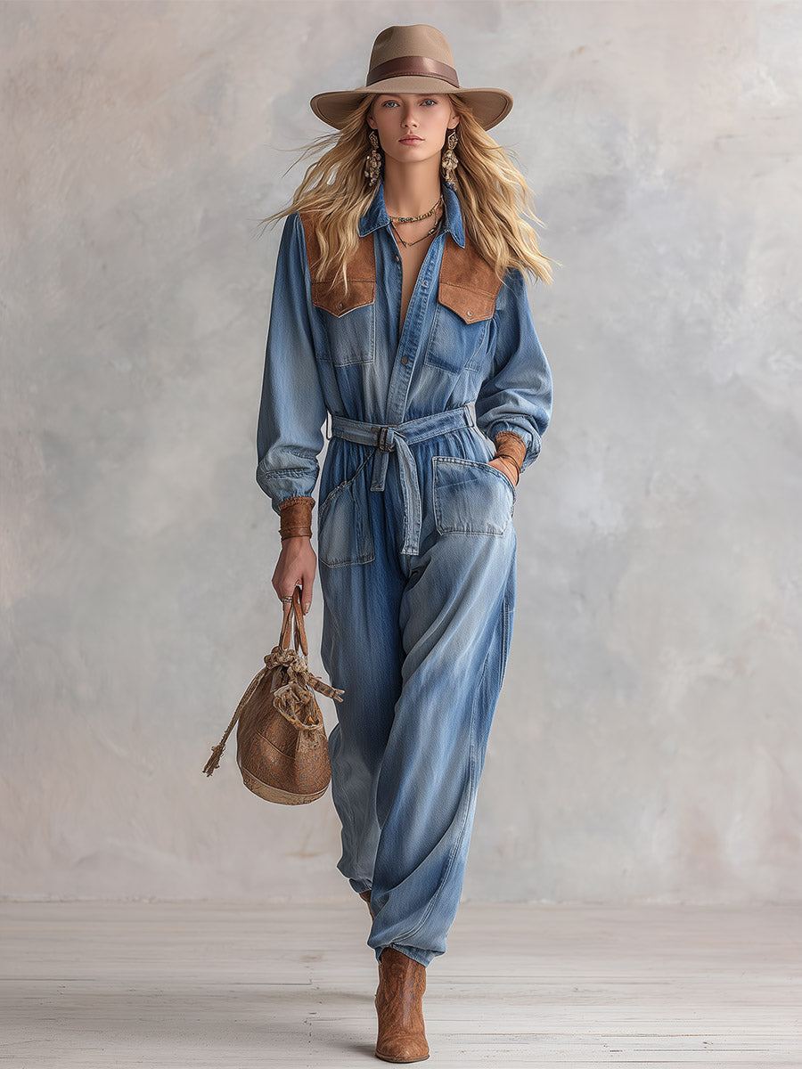 Vintage-style Western Faux-suede Patchwork Blue-wash Denim Jumpsuit