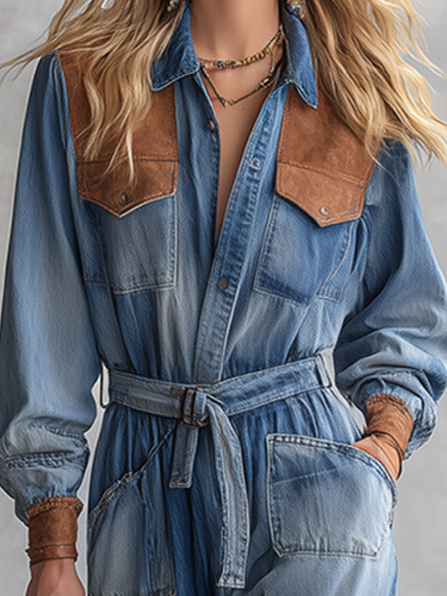 Vintage-style Western Faux-suede Patchwork Blue-wash Denim Jumpsuit