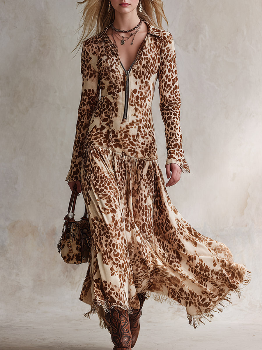 Vintage Elegance Beige-Brown Printed Faux Suede Tassel Maxi Dress
