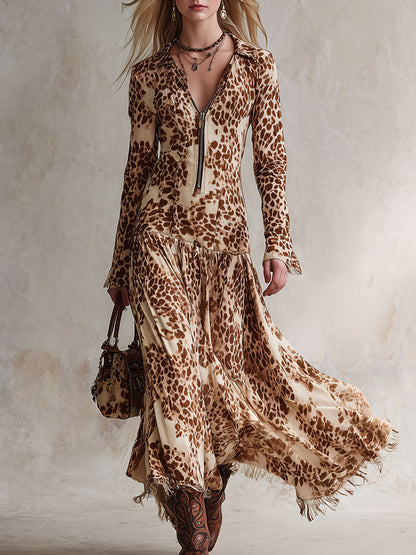Vintage Elegance Beige-Brown Printed Faux Suede Tassel Maxi Dress