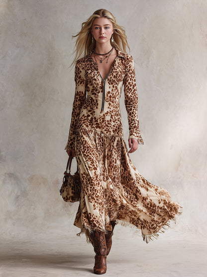 Vintage Elegance Beige-Brown Printed Faux Suede Tassel Maxi Dress