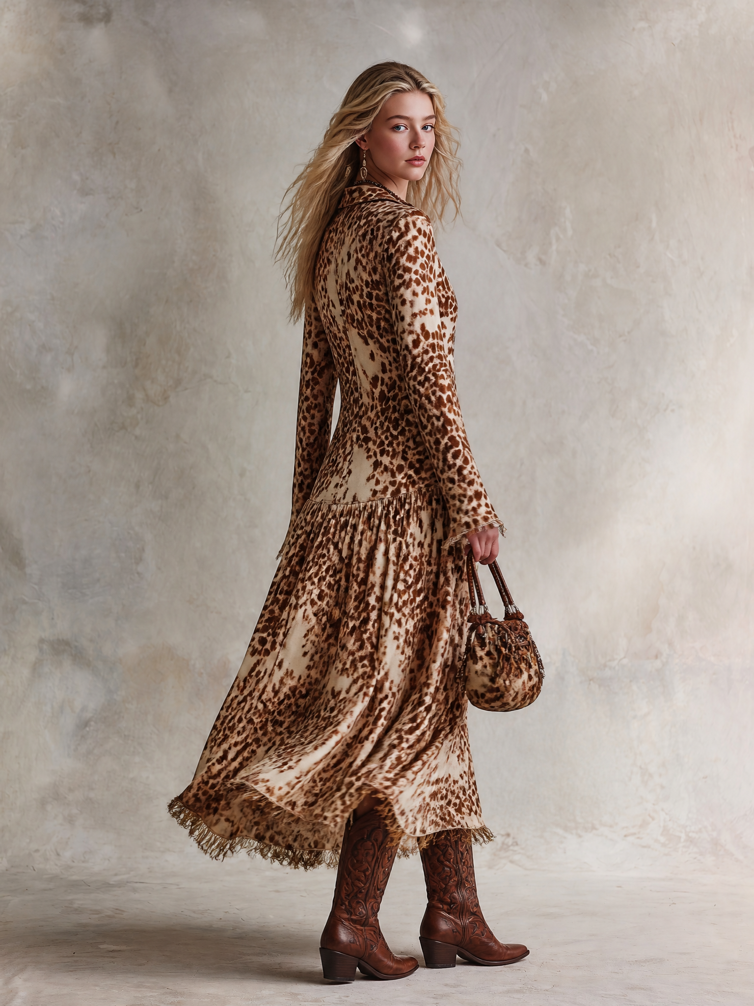 Vintage Elegance Beige-Brown Printed Faux Suede Tassel Maxi Dress
