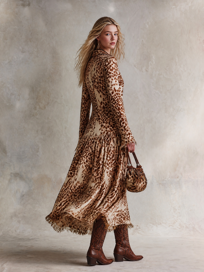 Vintage Elegance Beige-Brown Printed Faux Suede Tassel Maxi Dress