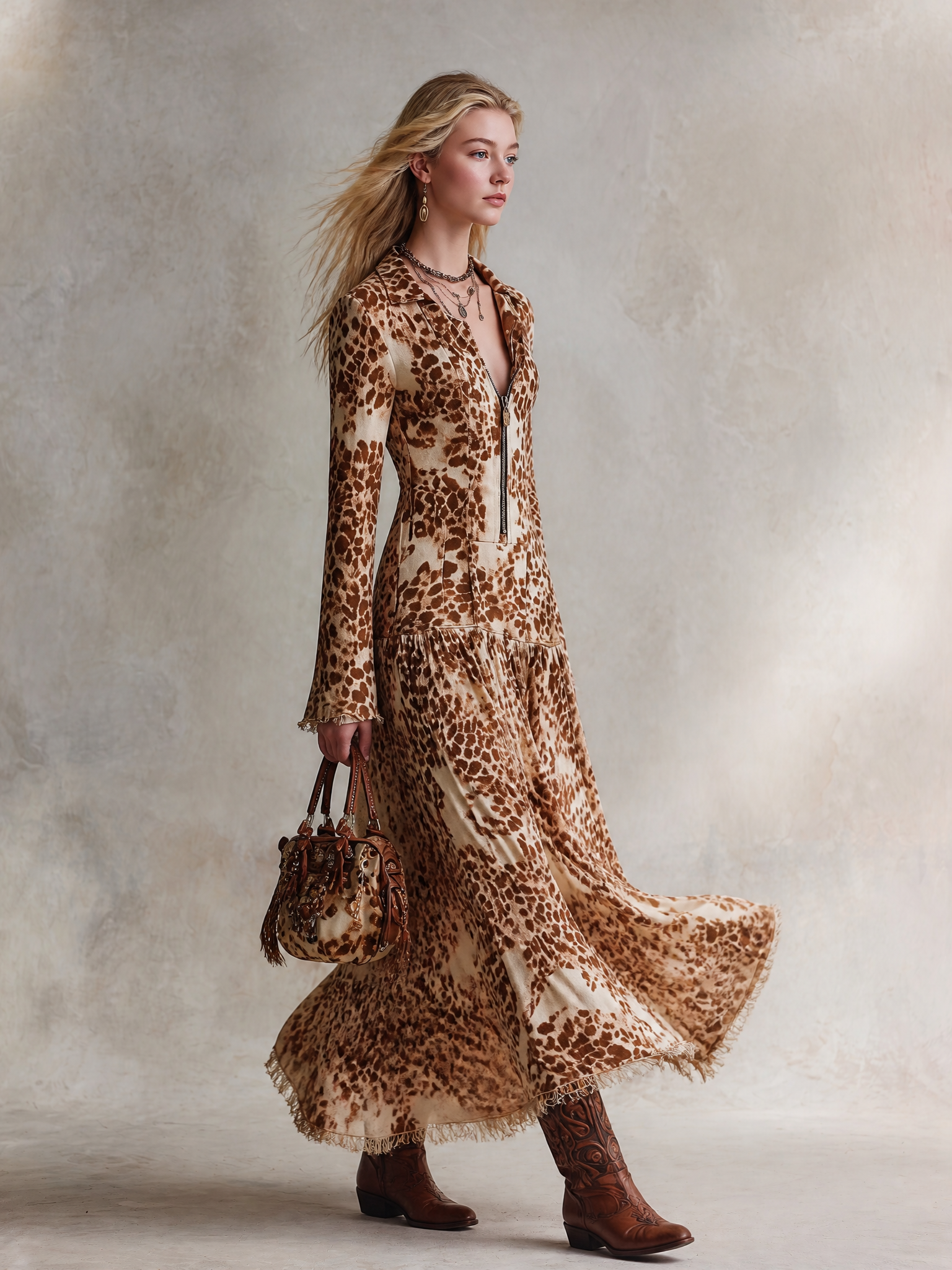 Vintage Elegance Beige-Brown Printed Faux Suede Tassel Maxi Dress