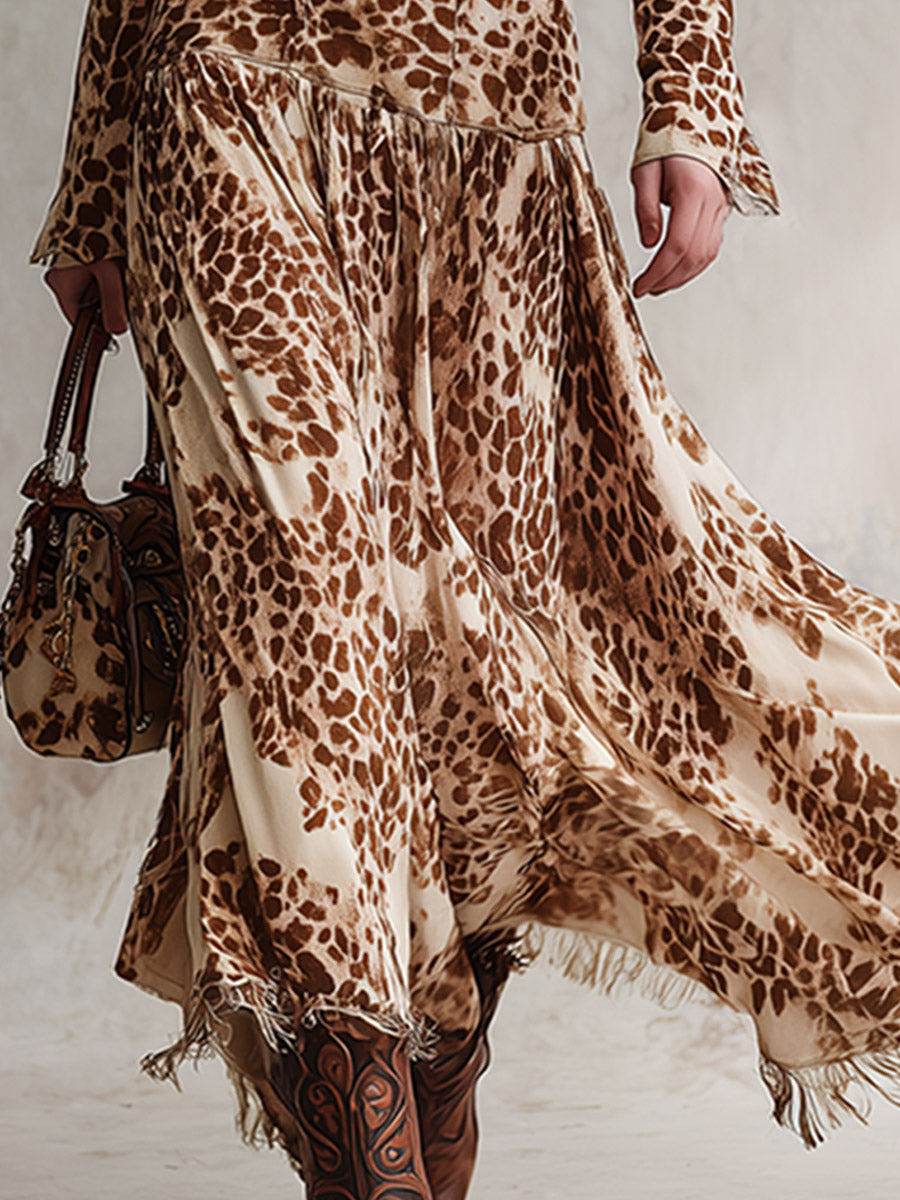 Vintage Elegance Beige-Brown Printed Faux Suede Tassel Maxi Dress