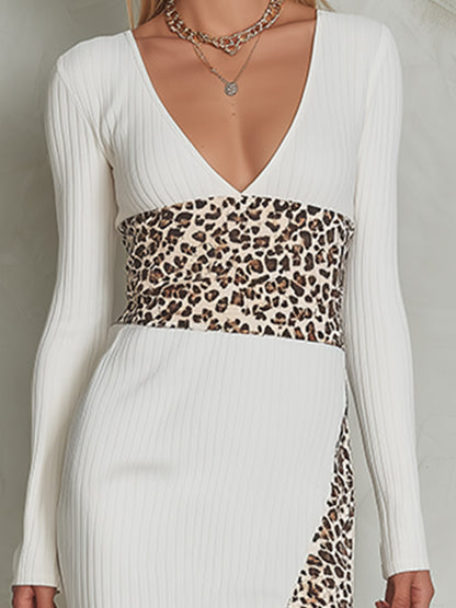 Elegant Urban Deep-V Leopard Patchwork White Knit Midi Dress