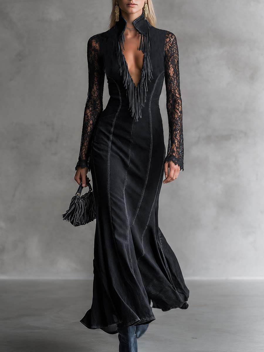 Western Black Denim Lace-Sleeve Deep-V Fringe High-Neck Mermaid Maxi Dress