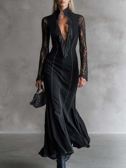 Western Black Denim Lace-Sleeve Deep-V Fringe High-Neck Mermaid Maxi Dress