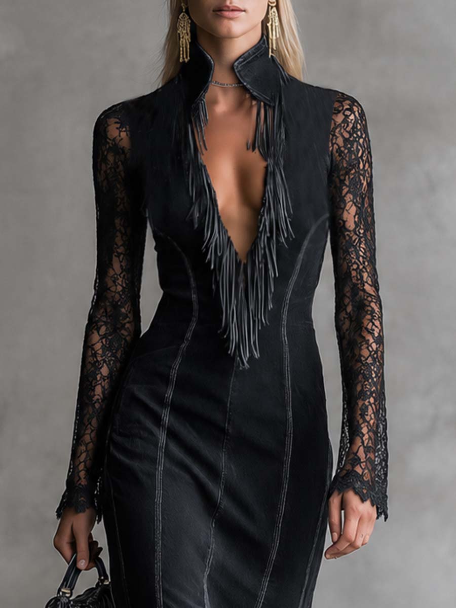 Western Black Denim Lace-Sleeve Deep-V Fringe High-Neck Mermaid Maxi Dress