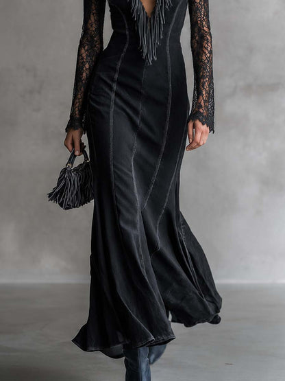Western Black Denim Lace-Sleeve Deep-V Fringe High-Neck Mermaid Maxi Dress