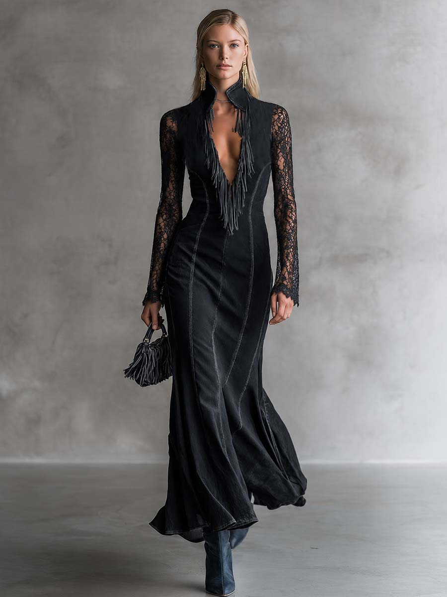 Western Black Denim Lace-Sleeve Deep-V Fringe High-Neck Mermaid Maxi Dress