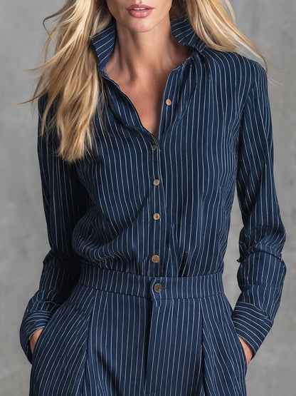Stylish Retro Blue Striped Cotton Shirt And Trousers Set