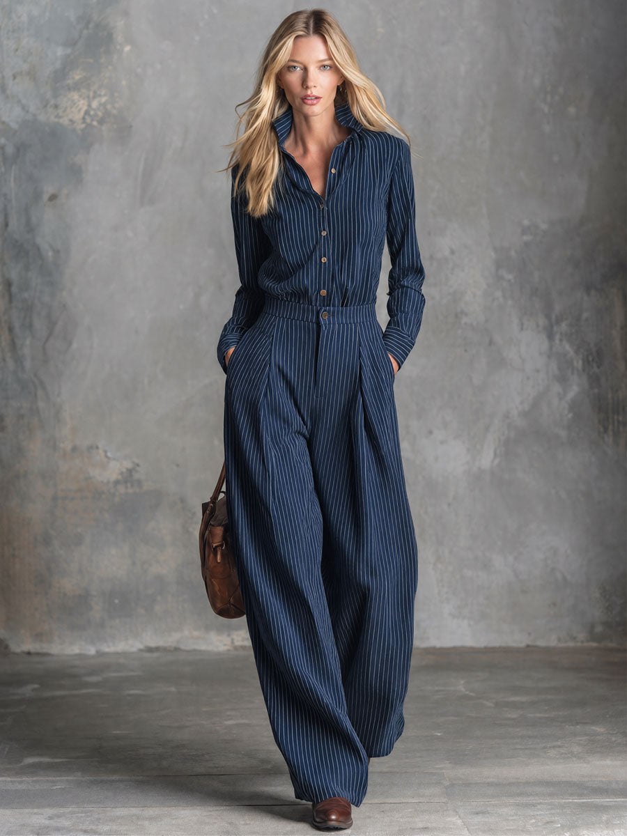 Stylish Retro Blue Striped Cotton Shirt And Trousers Set