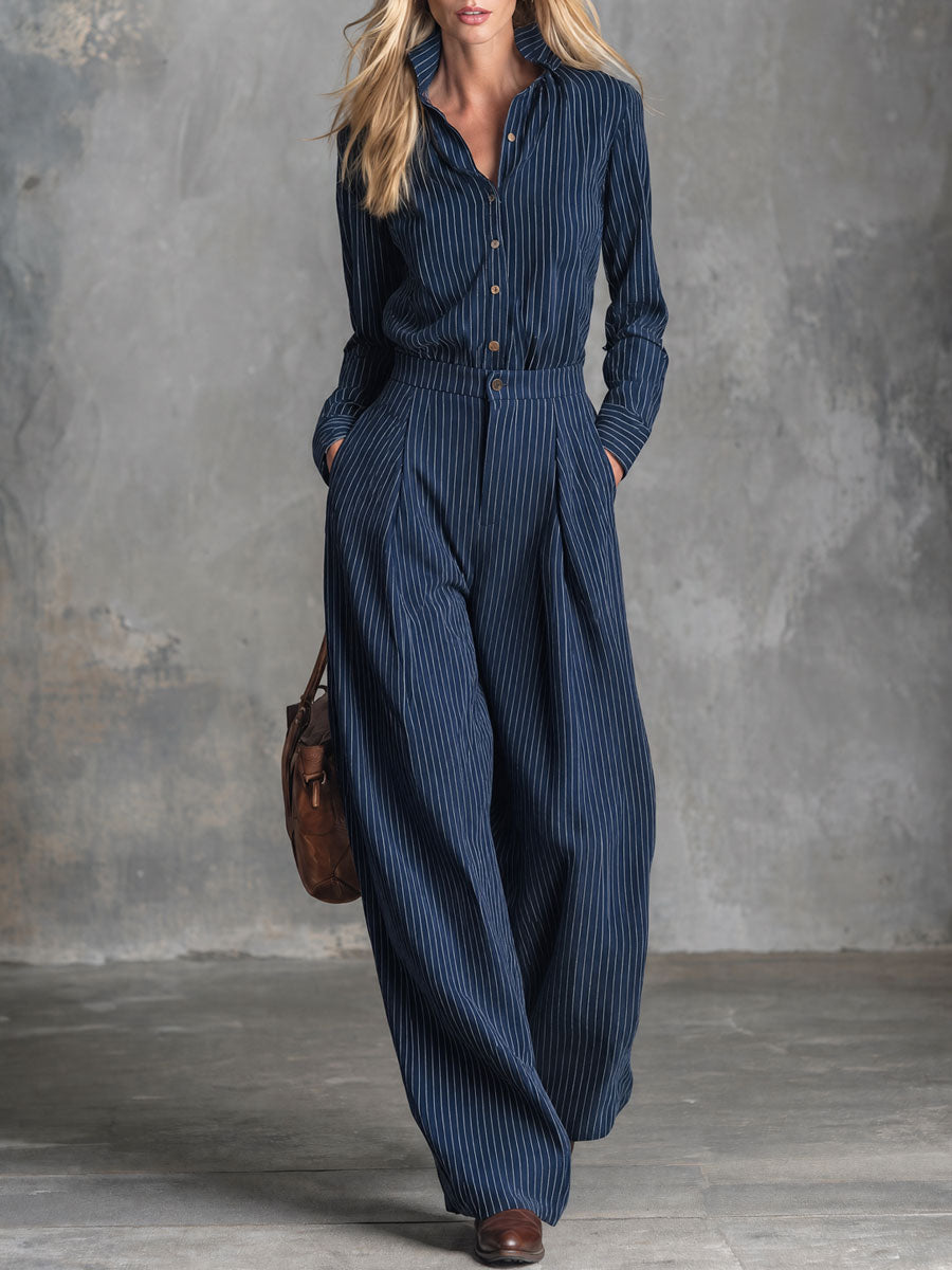Stylish Retro Blue Striped Cotton Shirt And Trousers Set