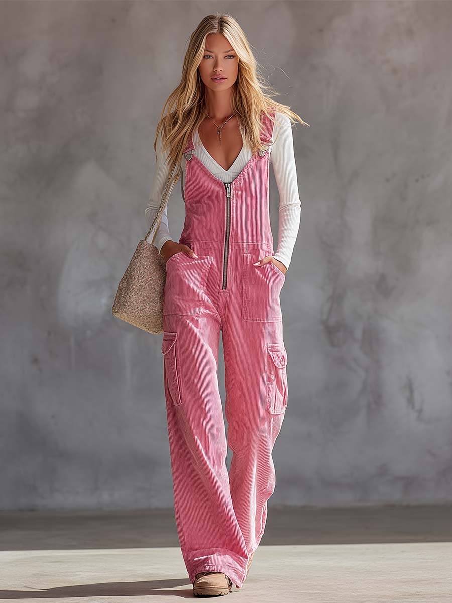 Retro Pink Corduroy Zip-Front Wide-Leg Cargo Overalls With Pockets