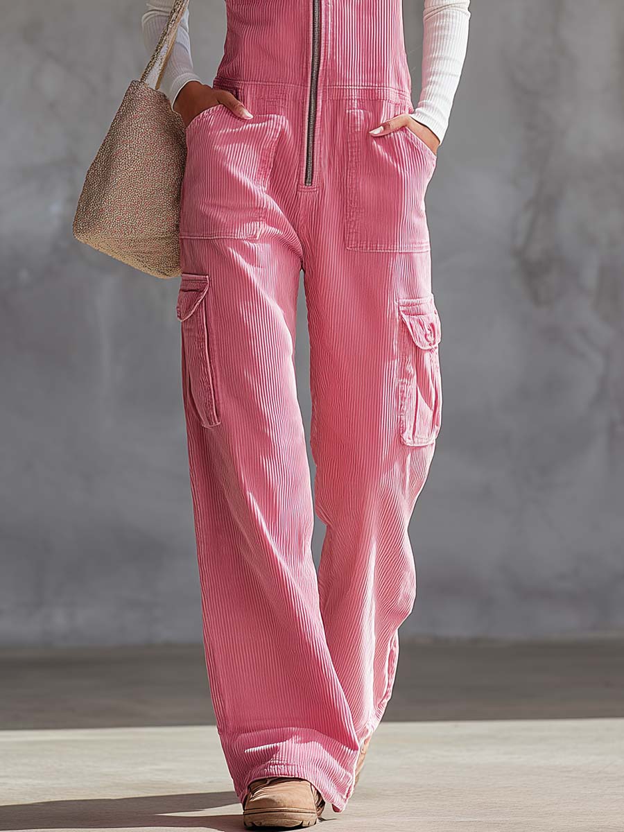 Retro Pink Corduroy Zip-Front Wide-Leg Cargo Overalls With Pockets