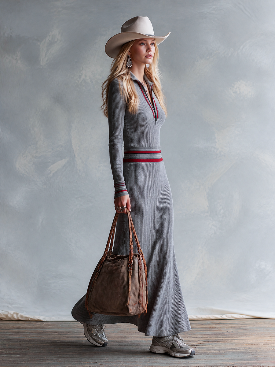 Retro-style Color-block Trim Grey Half-zip Long-sleeved Knit Maxi Dress