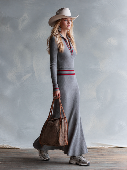 Retro-style Color-block Trim Grey Half-zip Long-sleeved Knit Maxi Dress