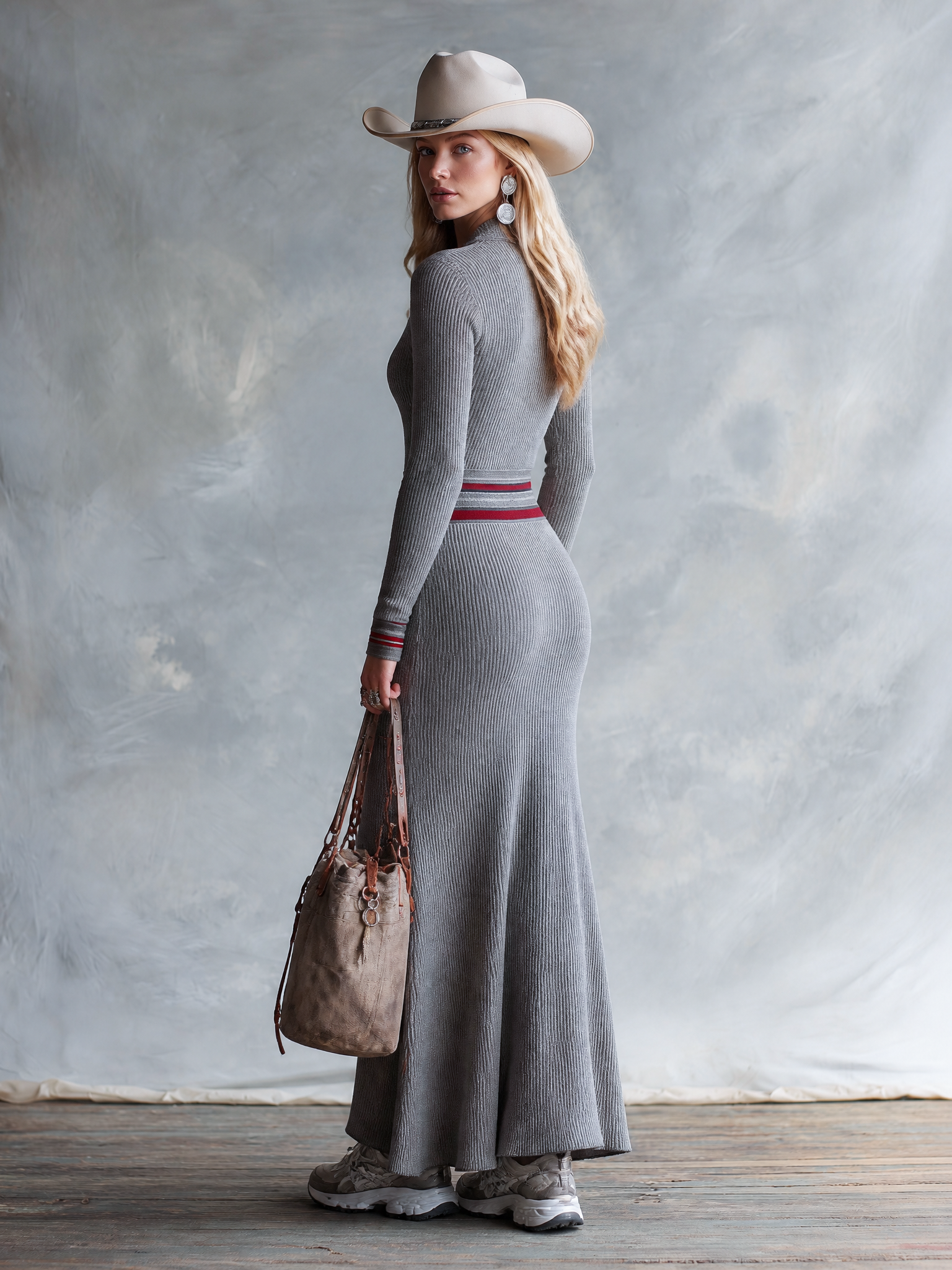 Retro-style Color-block Trim Grey Half-zip Long-sleeved Knit Maxi Dress