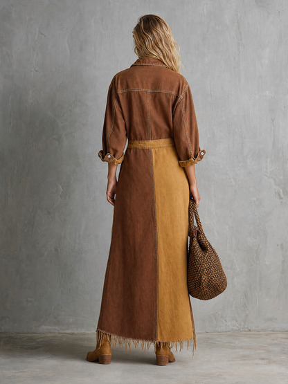 Retro American-style Lapel Zip Lace-up Belted Big-pocket Wide-leg Jumpsuit