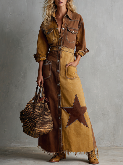 Retro American-style Lapel Zip Lace-up Belted Big-pocket Wide-leg Jumpsuit