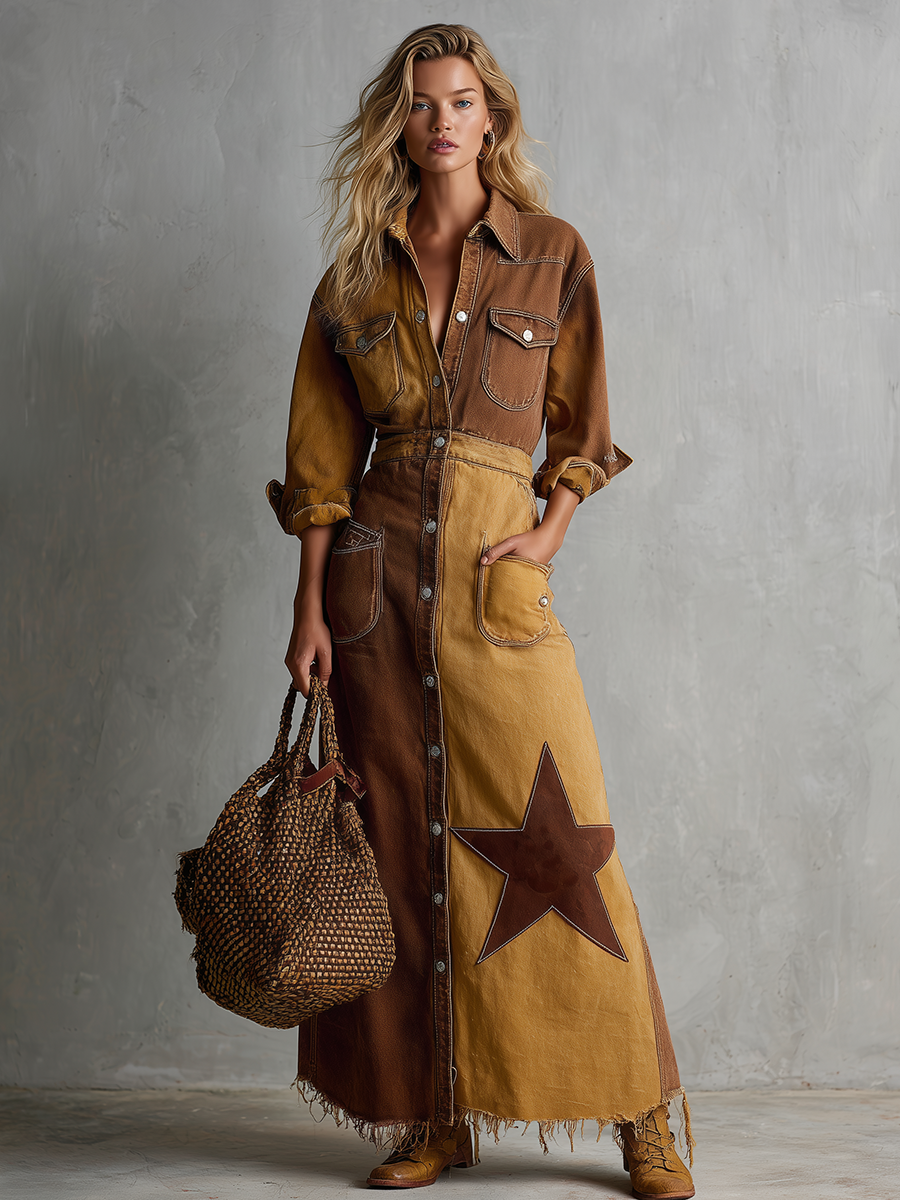 Retro American-style Lapel Zip Lace-up Belted Big-pocket Wide-leg Jumpsuit