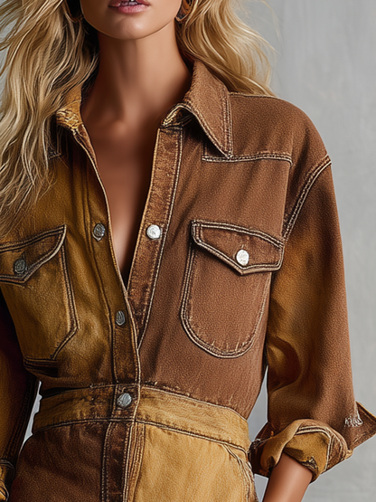Retro American-style Lapel Zip Lace-up Belted Big-pocket Wide-leg Jumpsuit