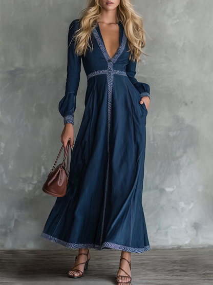 Bohemian Vintage Tape-trim Deep V-neck Cinched-waist Denim Dress
