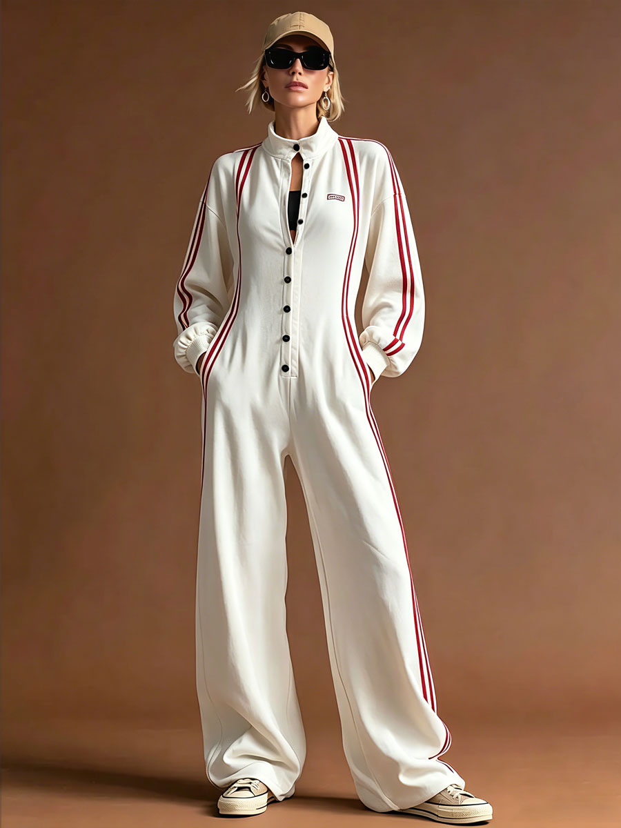 Sporty Retro Red Striped White Cotton Long-sleeved Embroidered Jumpsuit