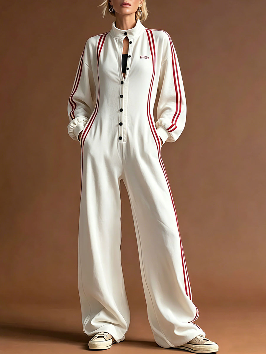 Sporty Retro Red Striped White Cotton Long-sleeved Embroidered Jumpsuit