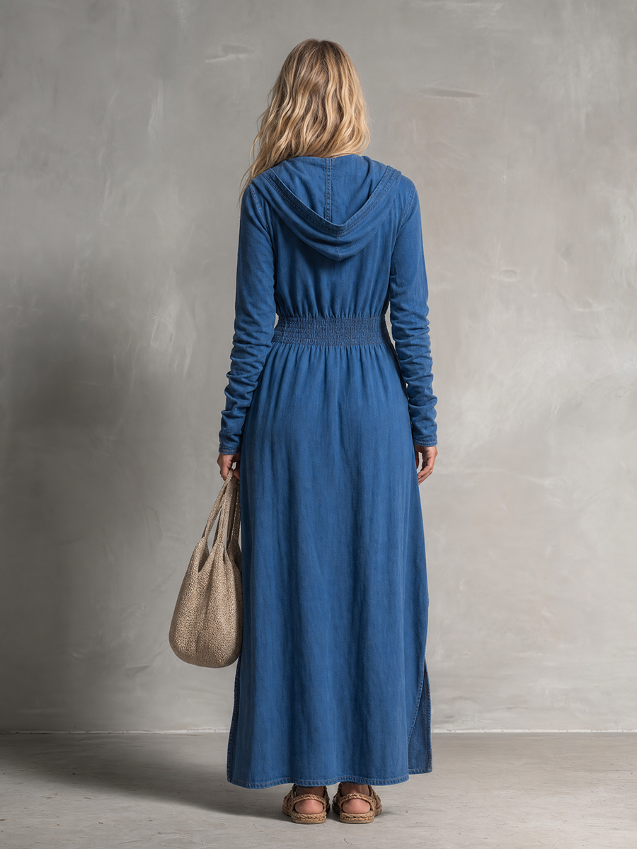 Retro Hooded Long-sleeve Button-front Belted Slit Loose Long Denim Dress