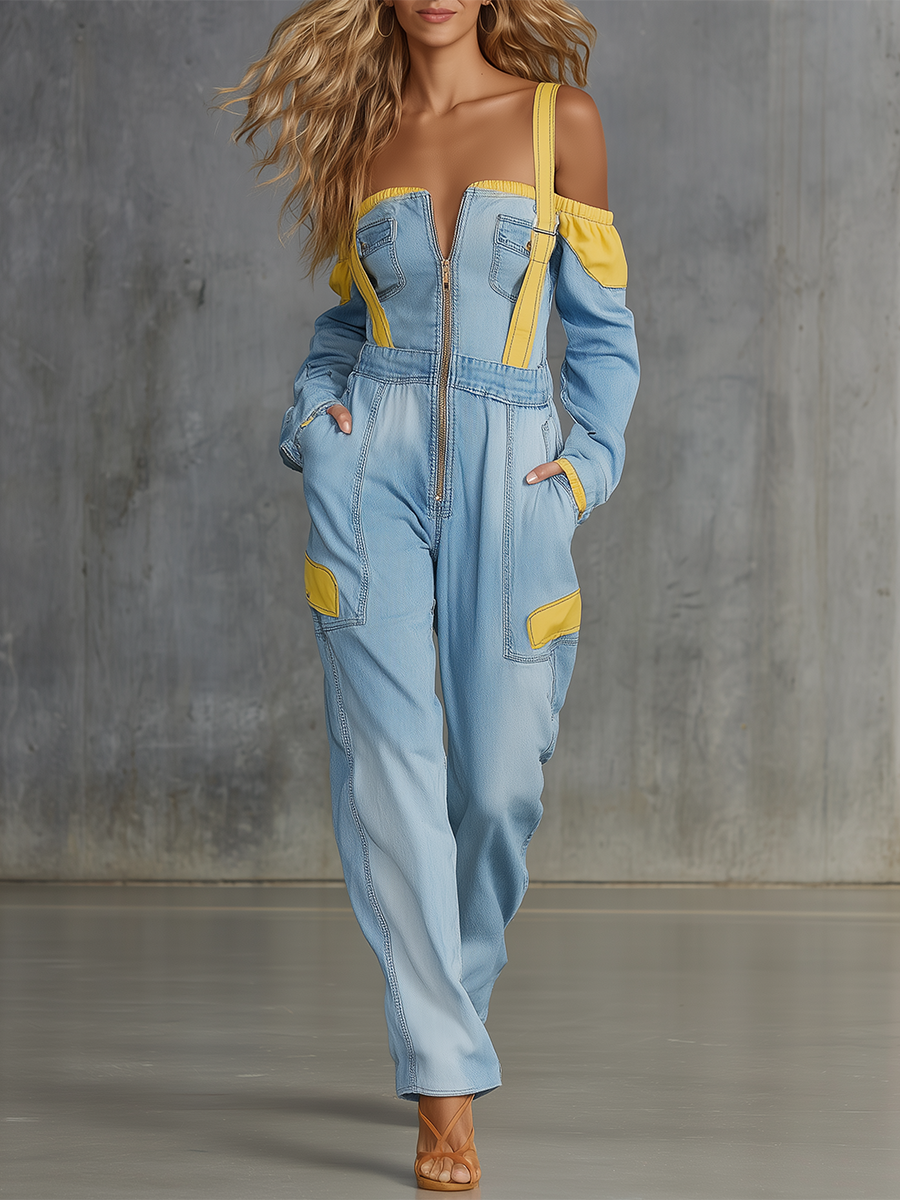 American Utility Contrast Off-shoulder Strappy Denim Jumpsuit