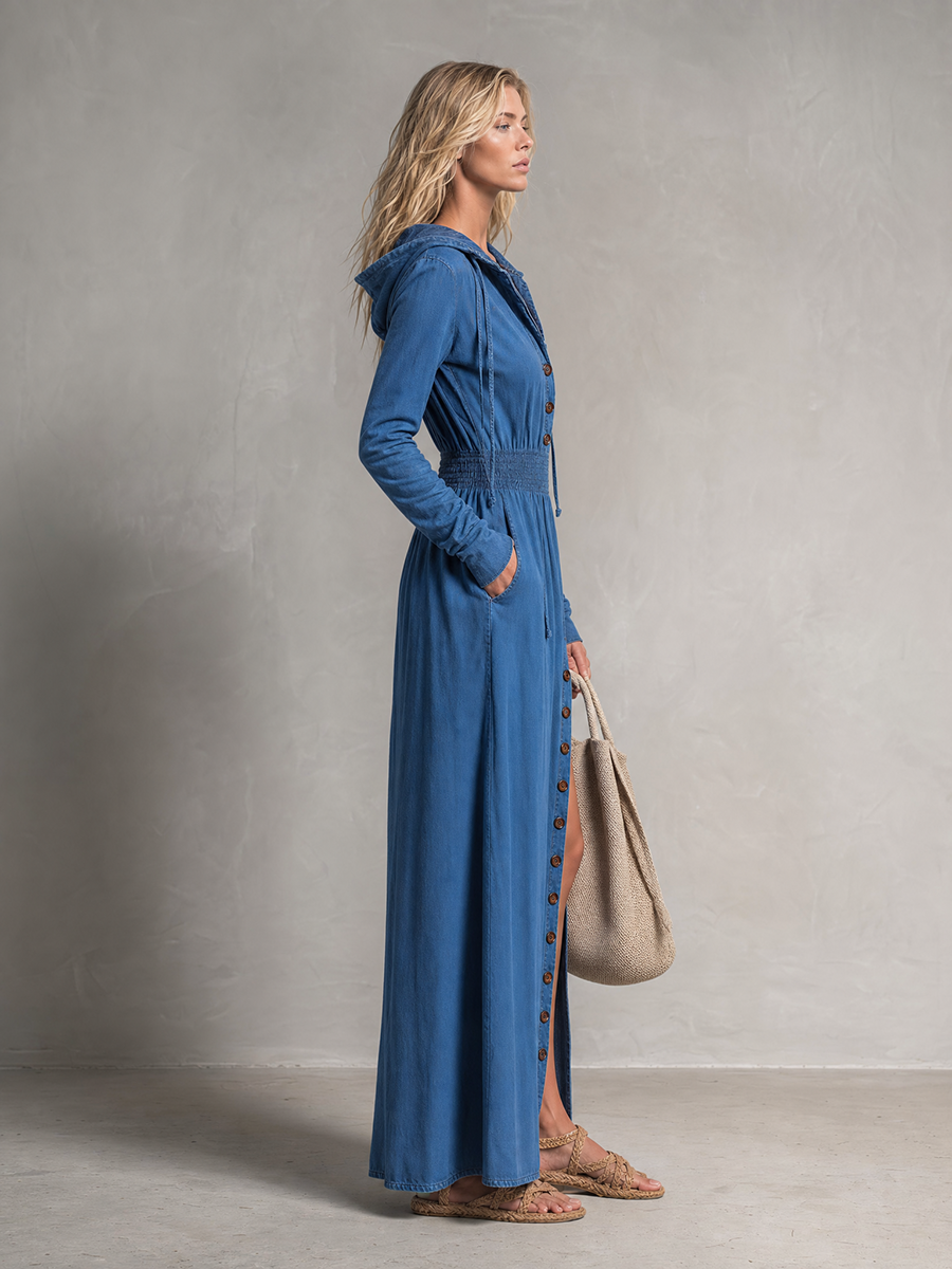 Retro Hooded Long-sleeve Button-front Belted Slit Loose Long Denim Dress