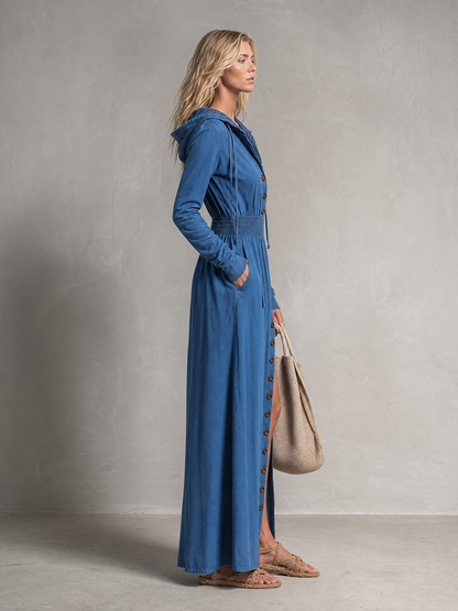 Retro Hooded Long-sleeve Button-front Belted Slit Loose Long Denim Dress