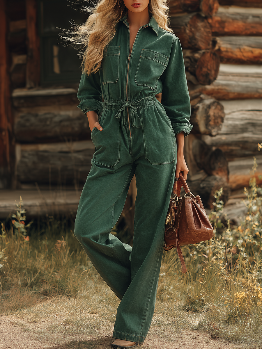 Retro American-style Lapel Zip Lace-up Belted Big-pocket Wide-leg Jumpsuit